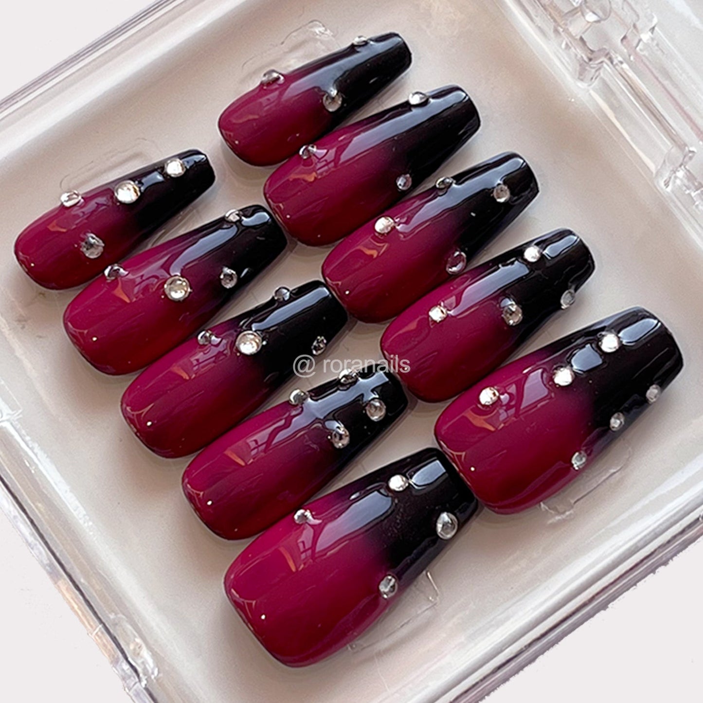 Black and red gradient strawberry medium long nails - roranails