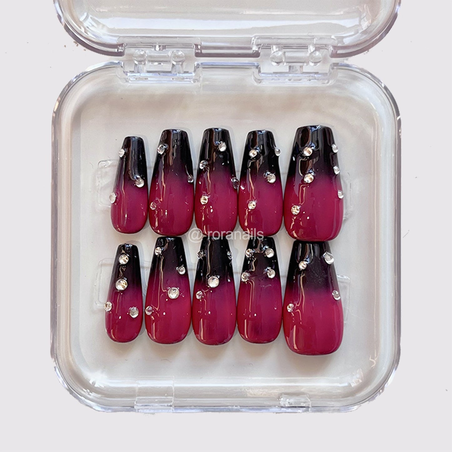 Black and red gradient strawberry medium long nails - roranails