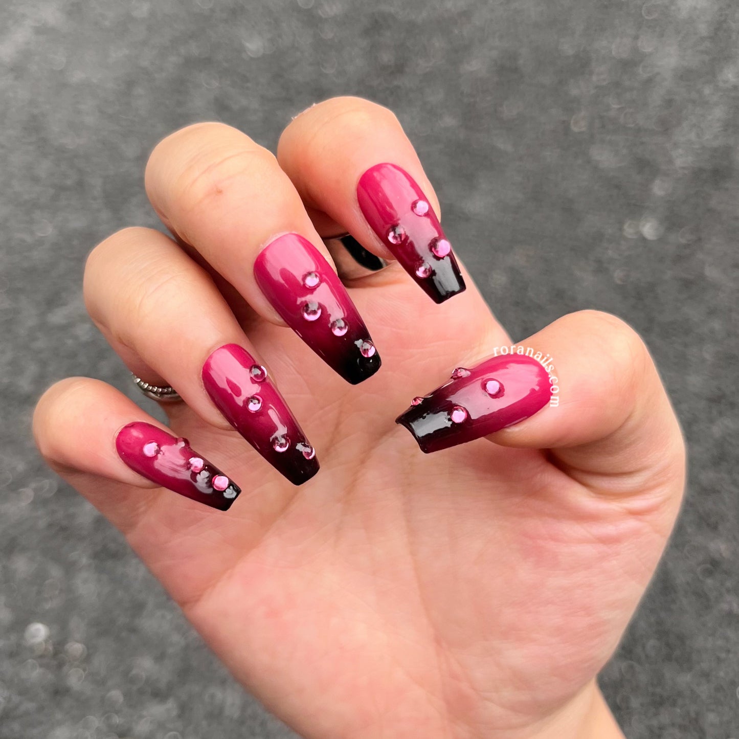Black and red gradient strawberry medium long nails - roranails