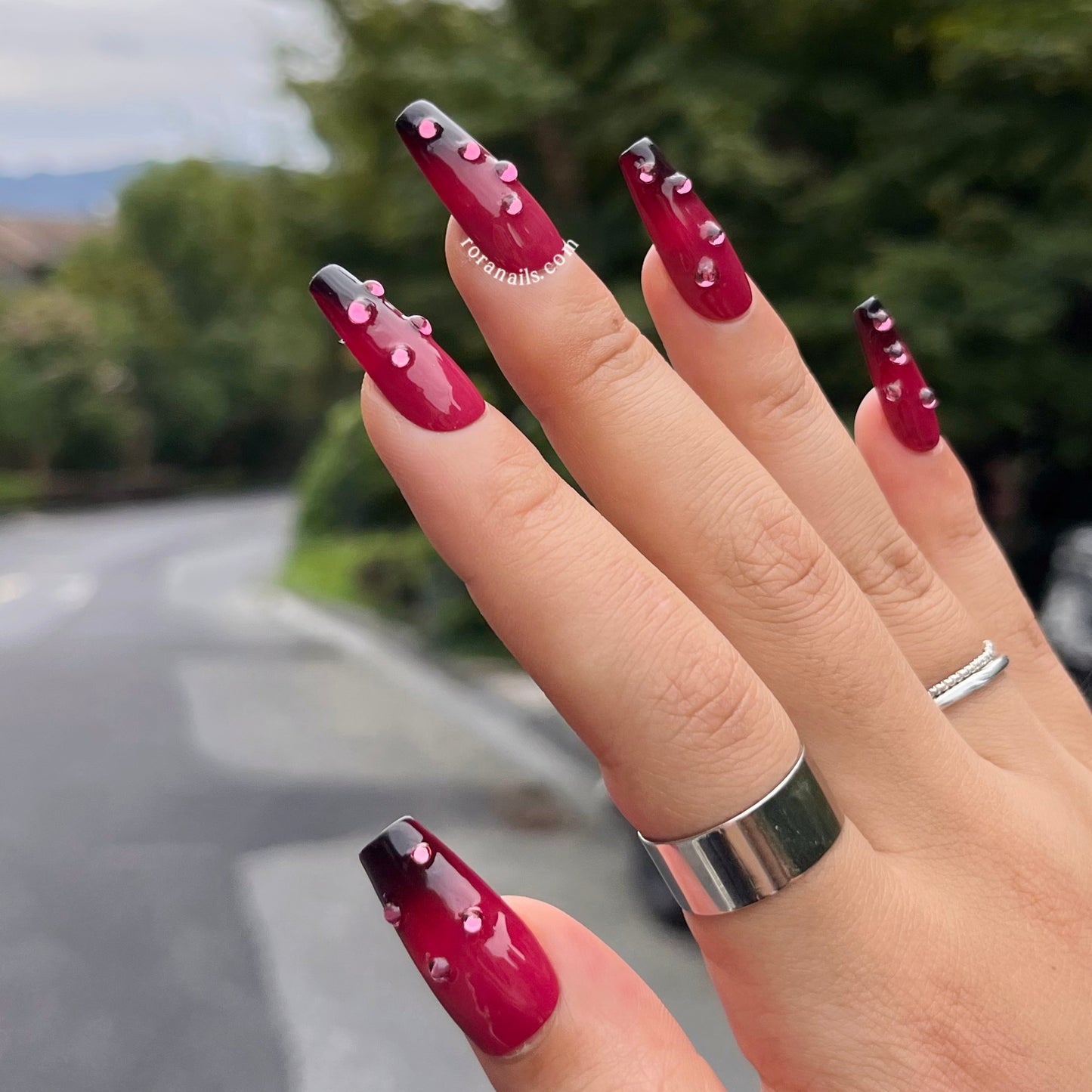 Black and red gradient strawberry medium long nails - roranails