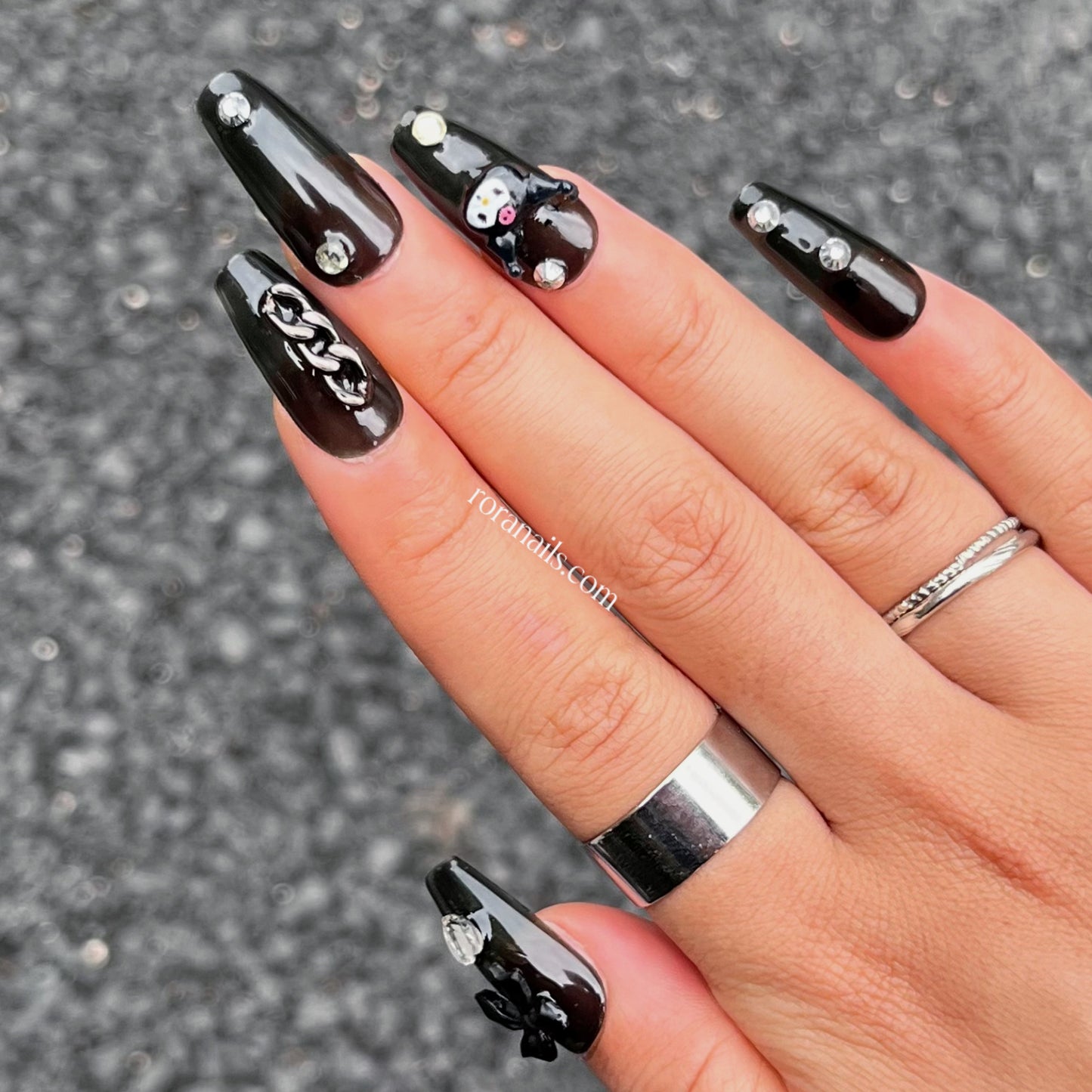 cute black kulomi long nails - roranails