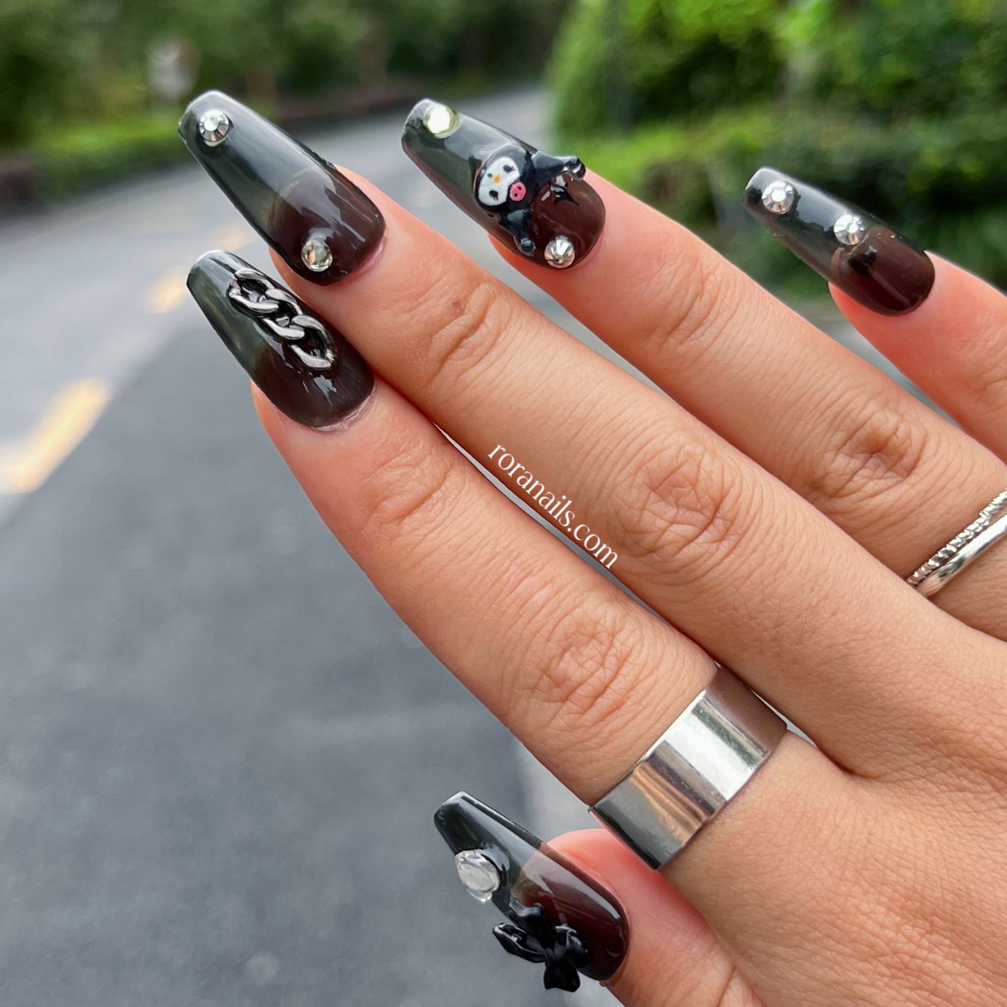 cute black kulomi long nails - roranails