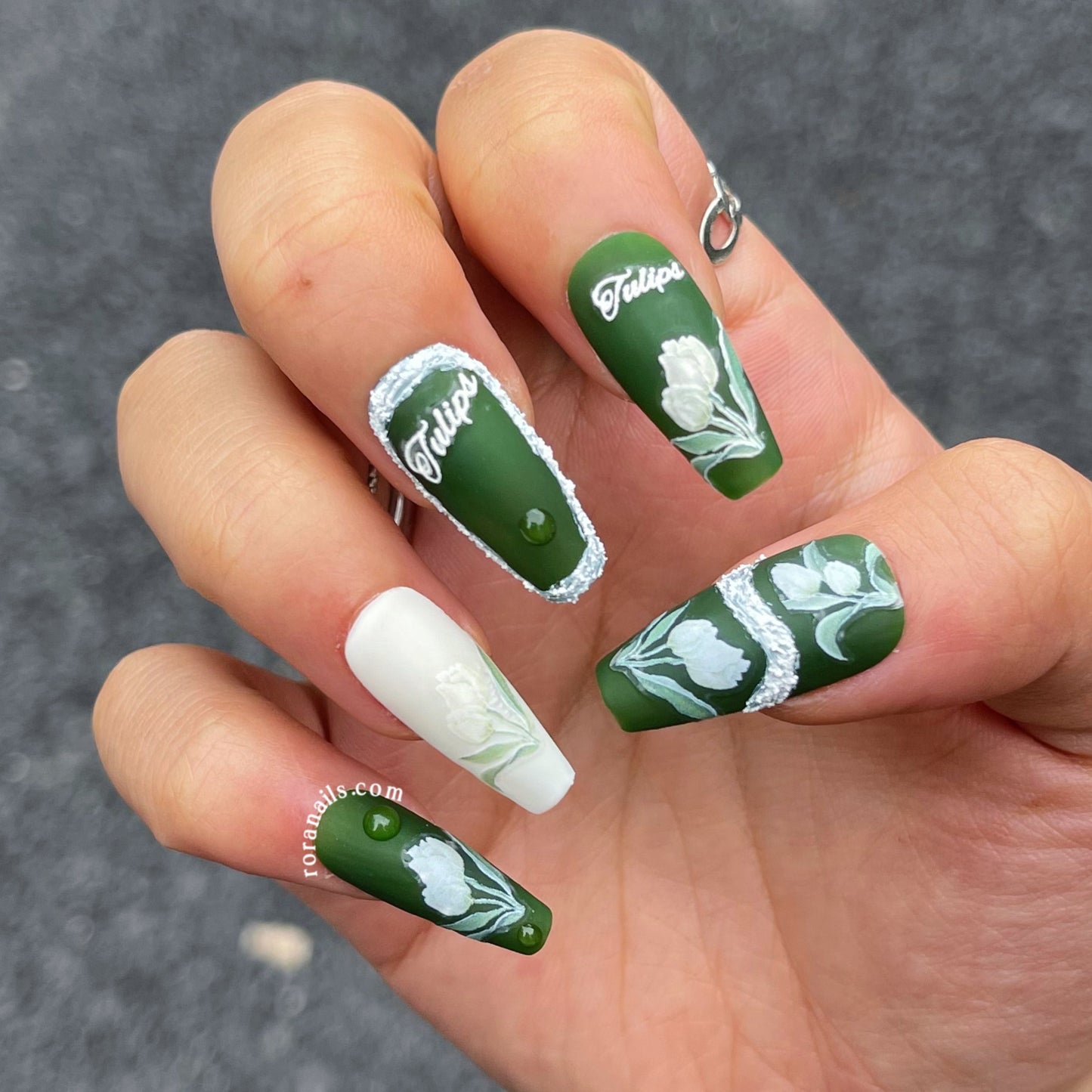 Green Embossed Tulips - roranails