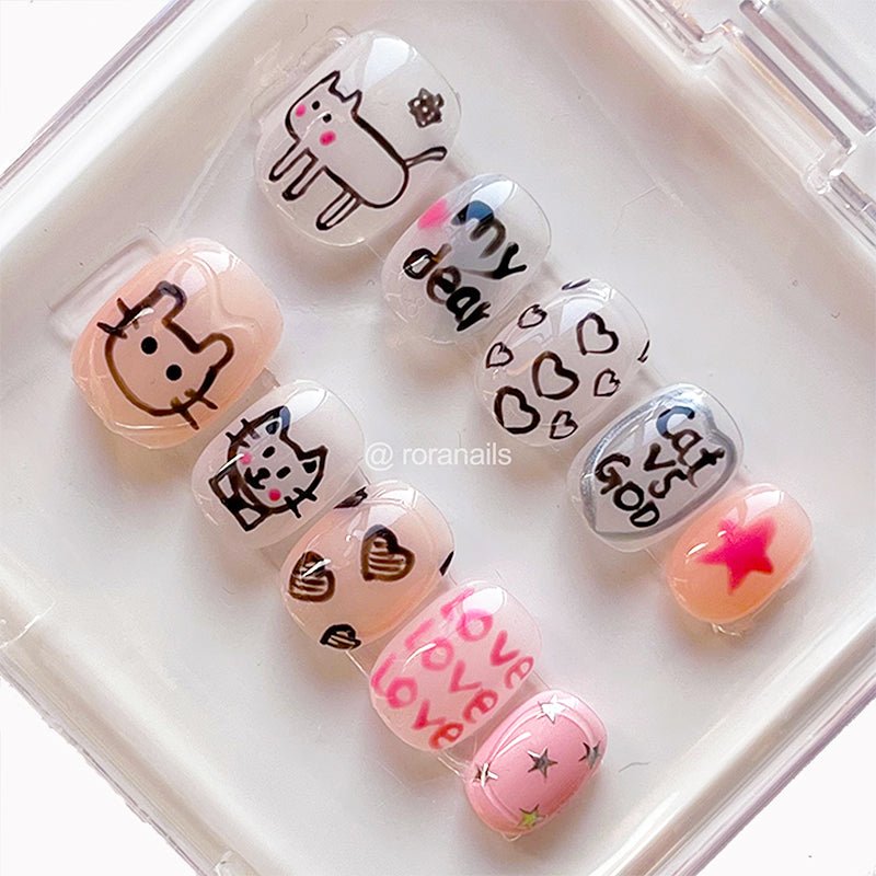 Hand drawn cat love cute short nails - roranails