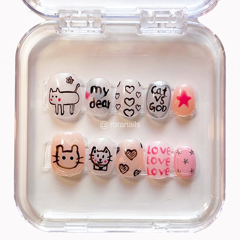 Hand drawn cat love cute short nails - roranails