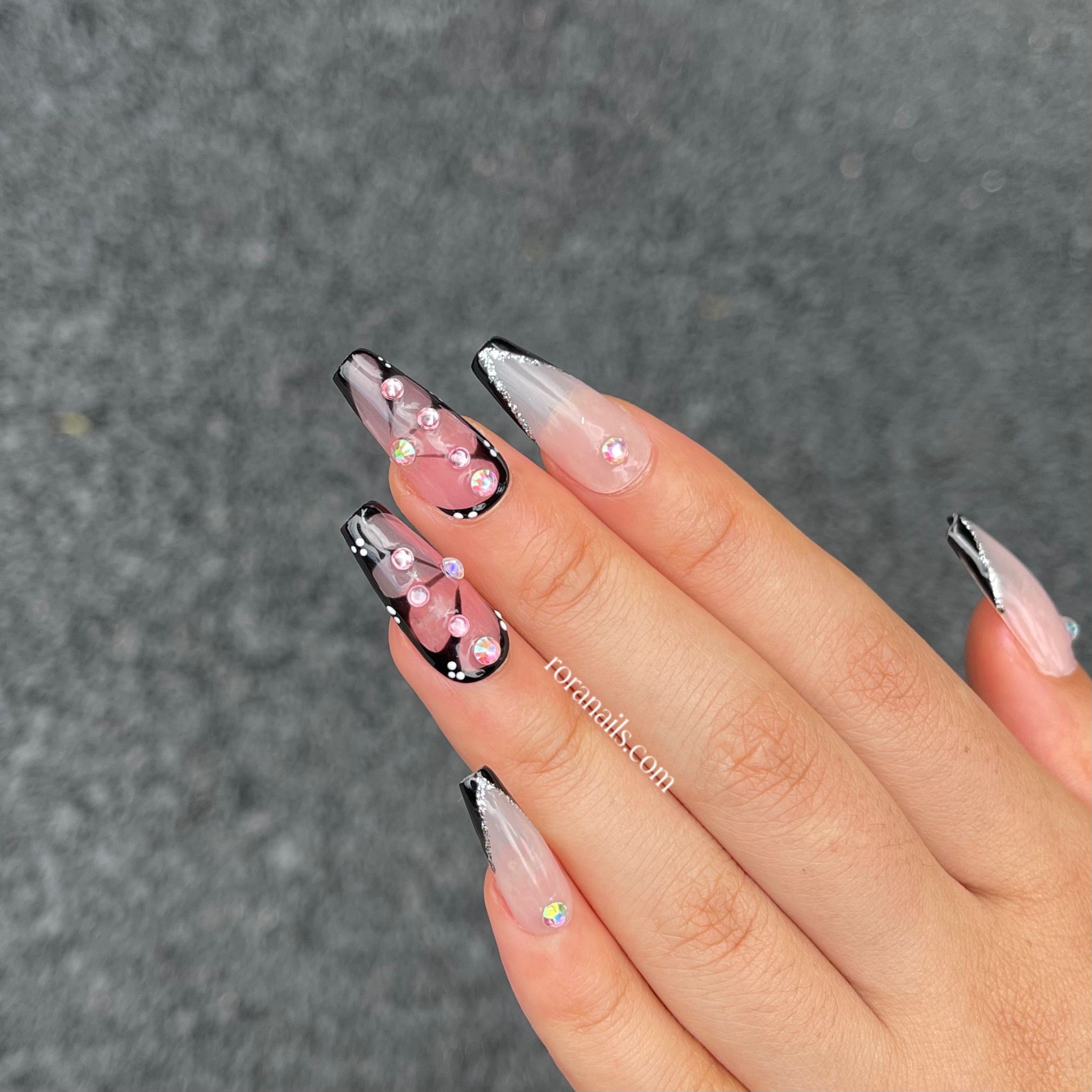 Pink and black cool-dark style butterfly - roranails