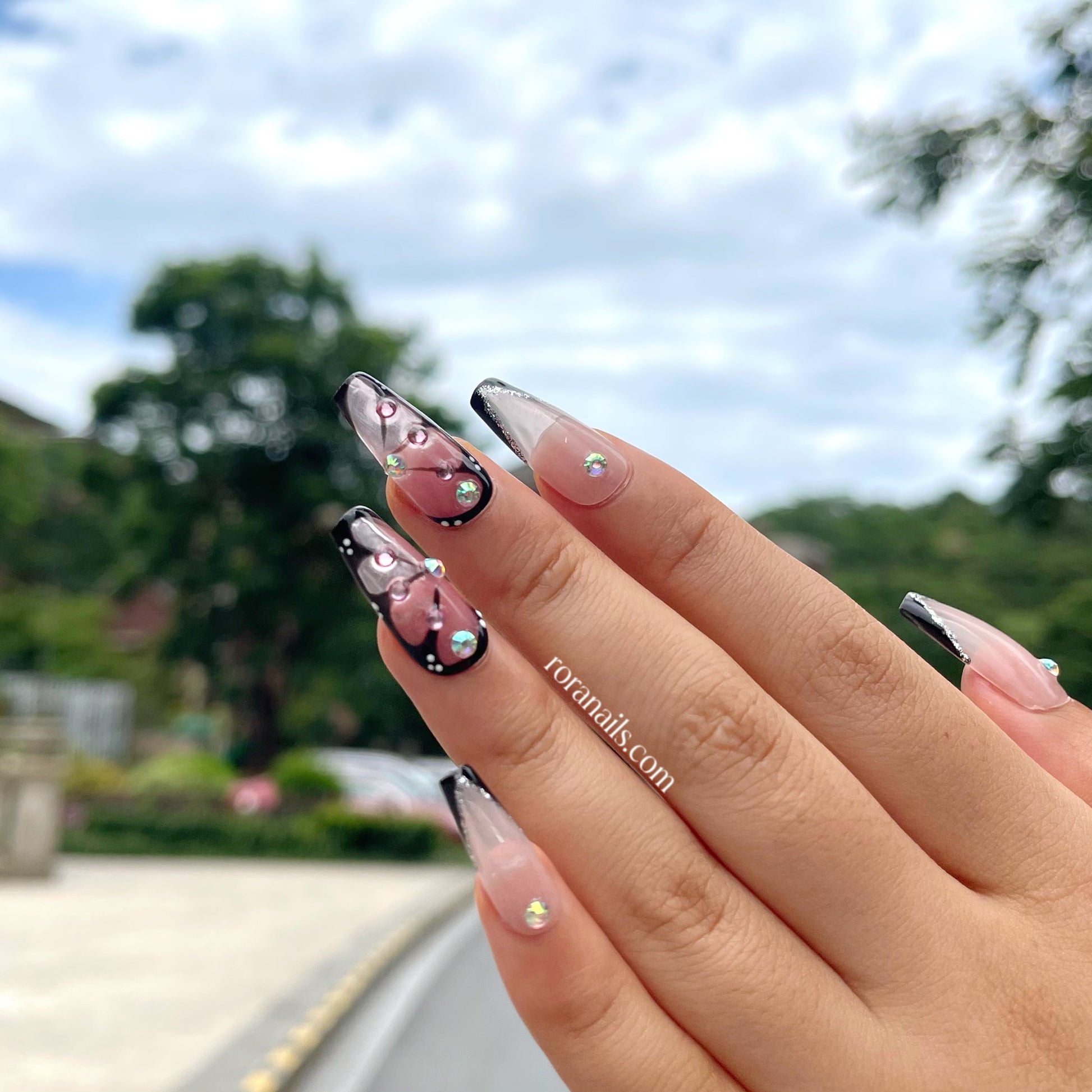 Pink and black cool-dark style butterfly - roranails