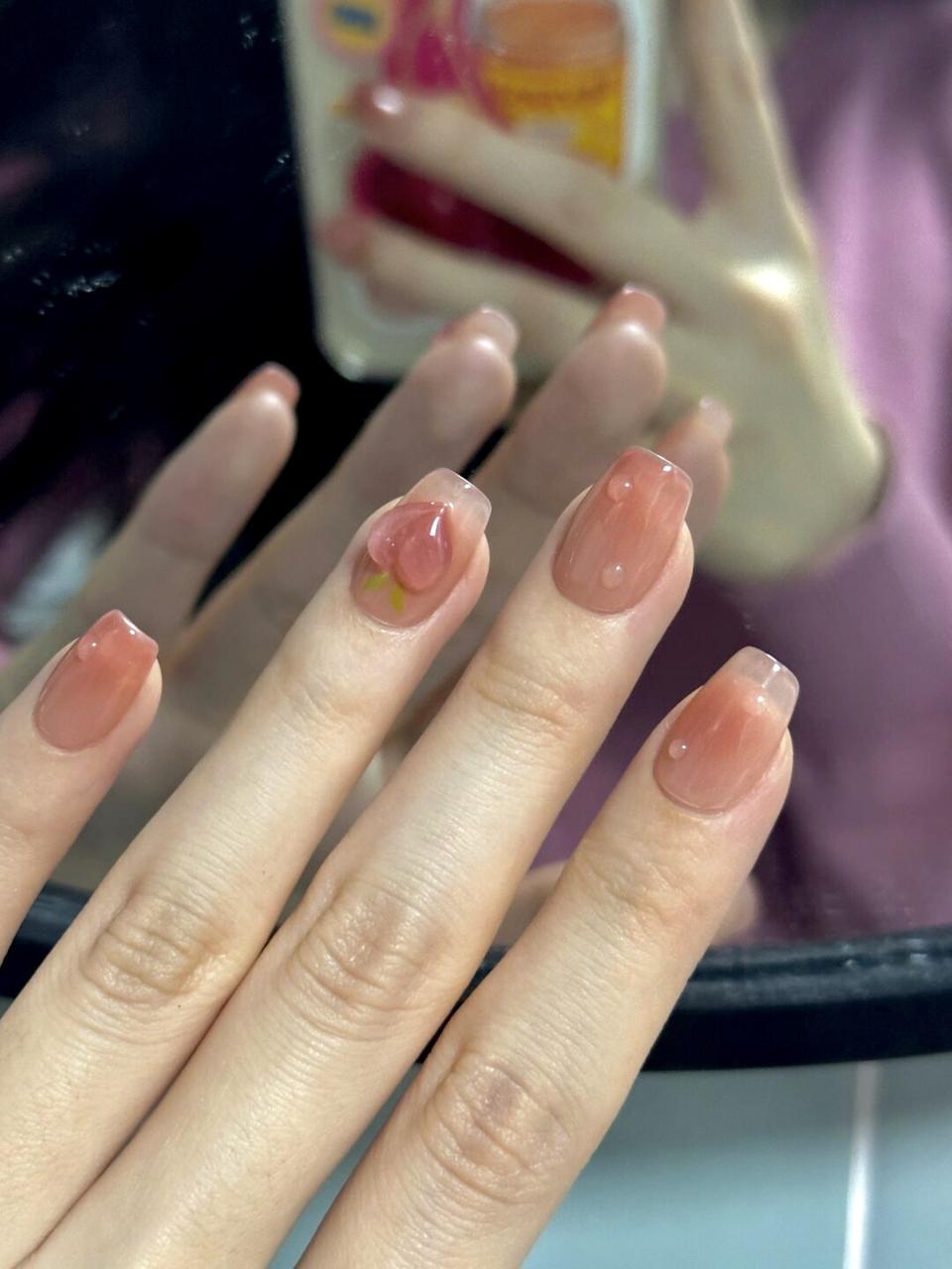 Summer Peach Pink Lady Short Cute Nail Art - roranails