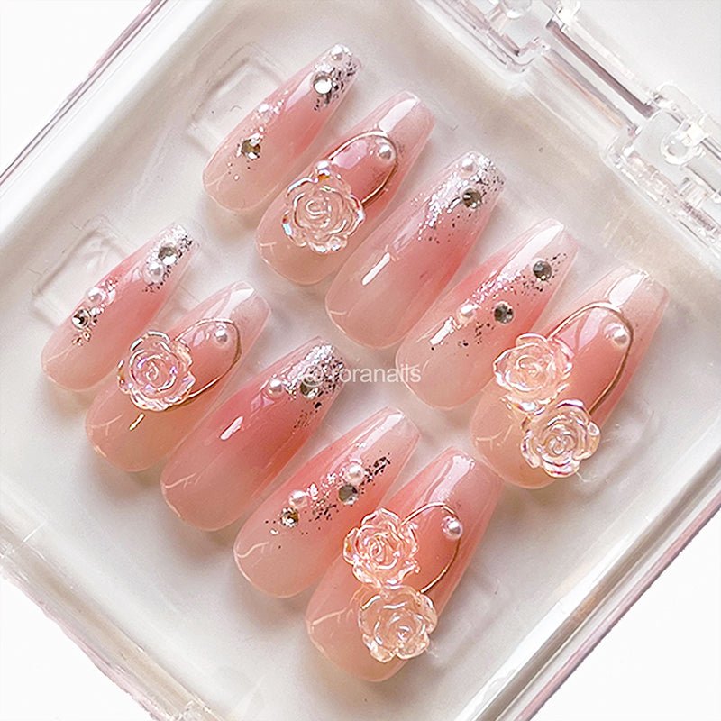 Pink rose irregular long nails - roranails